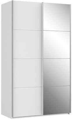 FORTE Sapporo Weißer Kleiderschrank 120, moderner Schrank, Schmaler Kleiderschrank mit Spiegel, Spiegelfront, Schwebetüren, Holzwerkstoff, Weiß, 120,1 cm breit x 210,5 cm hoch x 61,2 cm tief