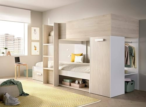 Dmora - Composition de la Chambre à Coucher Focalone, Chambre complète, Chambre d'enfants, Kit mobilier Pont, 246x112 h150 cm, Blanc et Chêne Clair
