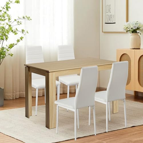 FURNITABLE Esstisch mit 4 Stühlen Esszimmergruppe, Essgruppe mit Hochlehner Kunstleder Stuhl für 4 Personen, Sitzgruppe für Küche Esszimmer Wohnzimmer(120cm Eiche Tisch+4 Weiß Stühle)