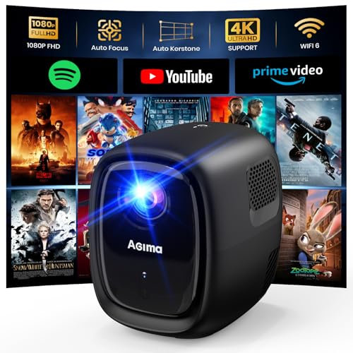[Enfoque Auto/Apps integrada] Mini Proyector con WiFi y Bluetooth 4K 1080P Nativo Proyector con Apps y Android TV OS, Auto Corrección, Altavoz Estéreo, proyector Portátil Negro