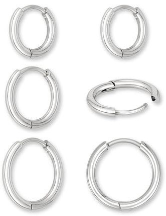 Creolen Edelstahl Damen Silber - 3 Paar elegante silberne Kreolen klein (12 mm, 14 mm, 16 mm) | Ohrringe Chirurgenstahl in Silver - Creolen Herren