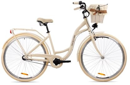Goetze Style 28 Zoll Damen Citybike, 18 Zoll Tiefeinsteiger, 3-Gang Nabenschaltung, Rücktrittbremse und V-Bremse, LED-Beleuchtung, Rattankorb, Komfortsattel, mit Seitenständer & Klingel