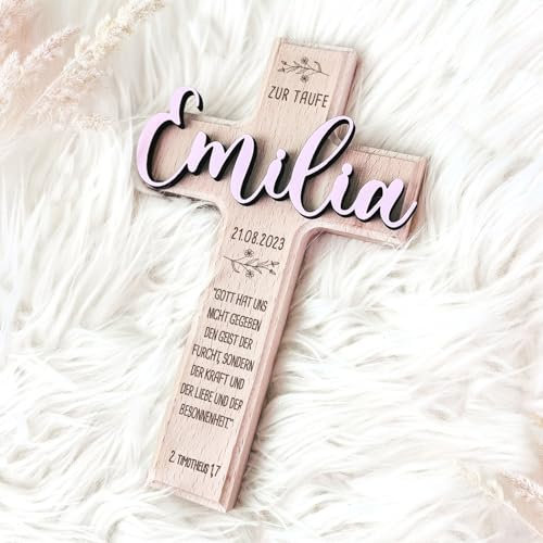 hellomini Personalisierbares Taufkreuz mit 3D-Namen & Taufspruch – Handgefertigtes Holzkreuz Buche – Individuelles Geschenk zur Taufe - Taufgeschenk für Kinder (Blume)