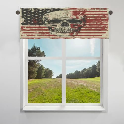 Cortina de cenefa para ventana, diseño de calaveras de bandera americana, cortina corta con bolsillo para barra, para cocina, sala de estar, dormitorio, 18 x 42 pulgadas
