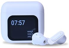 wessy juice wireless earbuds – Bluetooth, noise cancelling ear phones with multi use screen on case (white)