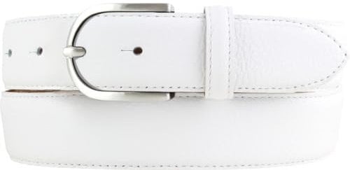 Italienischer Damen-Gürtel, 35 mm breit, Damen, Chinogürtel, Hosengürtel, strukturiertes Leder, Schließe Silber | Weiß 85cm