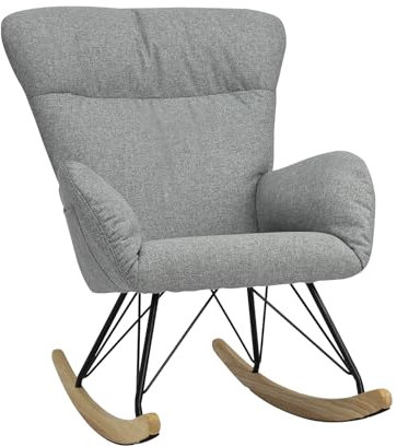 DARDVORLAG Schaukelstuhl – Moderner Relaxsessel aus Holz mit Leinenbezug, Ergonomischer Wippsessel für Wohnzimmer & Leseecke, Komfortabel & Pflegeleicht, 150 kg belastbar (Grau, 100cmX55cmX93.5cm)