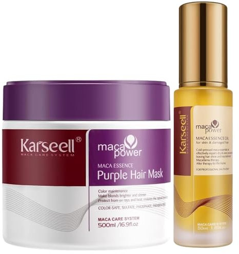 Karseell MACA CARE SYSTEM Pack Mascarilla Capilar Violeta Matizadora + Sérum Aceite de Argán Antiamarillo Reparador Hidratación Intensa Colágeno Cabello Seco y Dañado Rubio Gris Canas