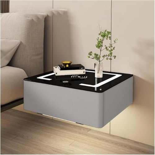 Moderne LED-Wandhalterung, Schlafzimmer-Nachttisch mit Ladestation, 1 Schublade, mit schwebendem Regal aus Glas (Größe: 40 x 18 x 40 cm, Farbe: Hellgrau)