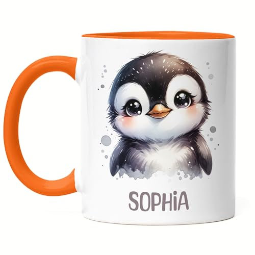 Kiddle-Design Kindertasse mit Namen Personalisiert, Personalisierte Tasse Kinder mit Pinguin, Namenstasse Pinguintasse, Kinderbecher als Geschenk zur Taufe, Geburt Weihnachten - Tasse Orange