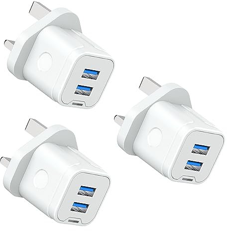 USB Plug,3 Pack Dual USB Charger Plug Adaptor UK 3 Pin Mains Charger Double Port 5V 2Amp Phone Charging Plug for iPhone 16 15 14 13 12 11 Pro Max 10 XS X XR 8 7 6 6S Plus 5 SE 2020,iPad Pro/Air/Mini