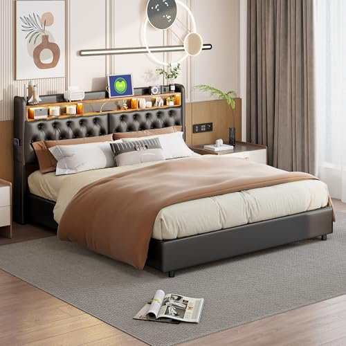 Polsterbett 180x200cm mit Stauraum Kopfteil, integrierten Steckdosen und USB-Anschlüssen, LED-Beleuchtung & hydraulischer Stauraum, Kunstleder Bettgestell 180x200 mit Lattenrost,Schwarz (180x200cm)