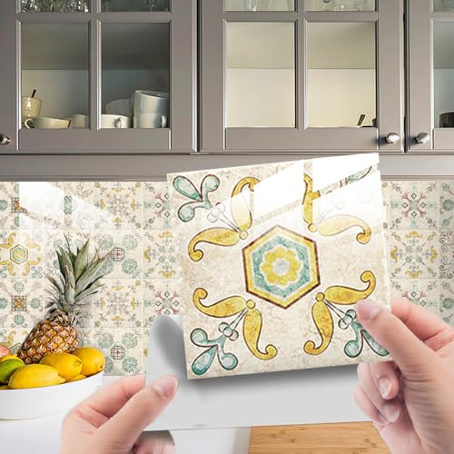 HORIWE Mandala Retro Fliesenaufkleber PVC Wasserdicht Wandaufklebe 24 Stück | Wasserdicht & ölfest Selbstklebende Tapete Einfach Anzubringen Fliesen Folie für Küche, Schrank, Möbel, Tisch, Badezimmer
