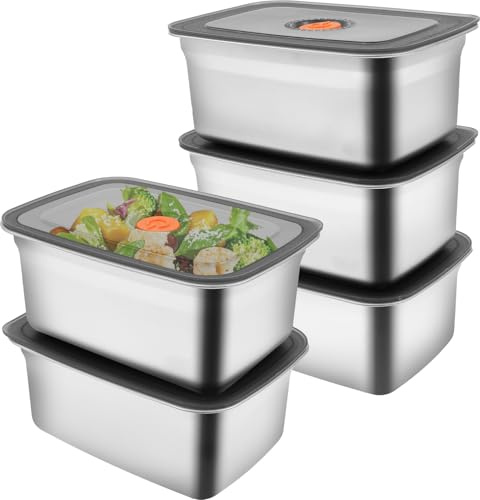 Ghshanog 5Pcs Stainless Steel Meal Prep Containers, Leakproof Food with Plastic Lids, Stackable Meal Box Reusable Lunch Box Fridge Crisper for Lunch Leftovers Meat Vegetable Salad (1500ML)