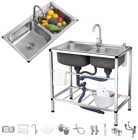 Fregadero Exterior Jardin Fregadero de servicio independiente de acero inoxidable, fregadero de cocina pequeño, fregadero portátil para exteriores, fregadero de lavandería, con conexión de m