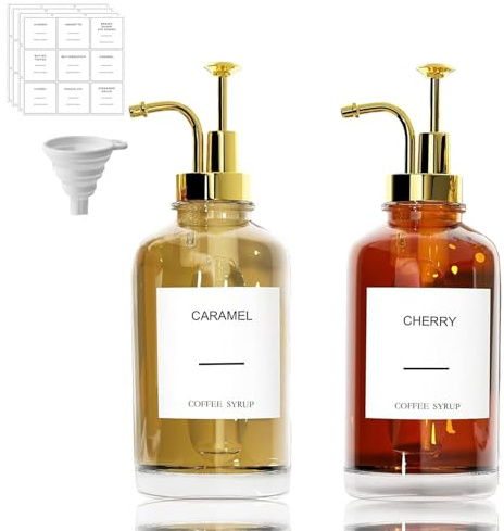 Lot de 2 distributeurs de sirop de café, 500 ml, doré, distributeur de sirop de miel, avec pompes élégantes et 36 étiquettes, entonnoir et pompe, accessoires de bar à café, bouteilles de sirop (rond)