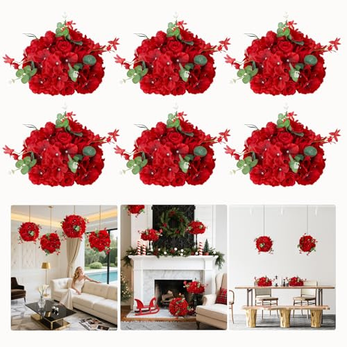 QinmiGarden Boule de Fleur Artificielle - Rose Rouge - Fleurs d'hortensia en Soie - Demi-Boule - Décoration de Table pour fête, Maison, événement (6, Type B)