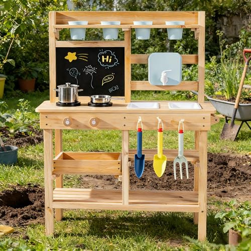 ROBUD Cuisine en bois pour tout-petits - Cuisine de jeu d'extérieur avec évier, réchauds, casseroles, tableau noir, compartiment de rangement et accessoires de cuisine, jouet pour garçons et filles à