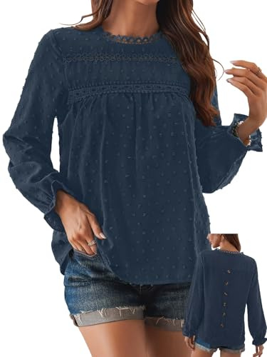 TUUHAW Tee Shirt Femme Bohème Col Rond Top Manches Longues Blouse Élégant | Lâche Chemisier, Plissé Automne, Fluide à Point Suisse, Volants Décontracté Blouses, Loose Printemps Chemise, Ample T-Shirts
