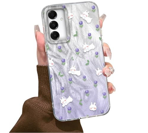 Tedyhulle Hülle für Samsung Galaxy A34 5G Handyhülle mit Häschen Motiv Lila Tulpen Blumen Muster Aesthetic Design, Weich TPU Dünne Schutzhülle Stoßfest Kratzfest Hard Cover Case für Frauen Mädchen