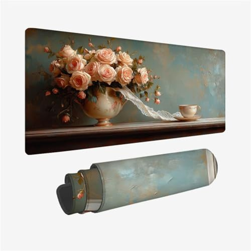 Flower Mouse Pad Pink Large Mouse Mat XXL 23.6 x 11.8 Inch Desk Mat for Keyboard and Mouse with Non-Slip Rubber Base, Improves Speed and Precision, Waterproof Mousepad for Office and Home, Model 65