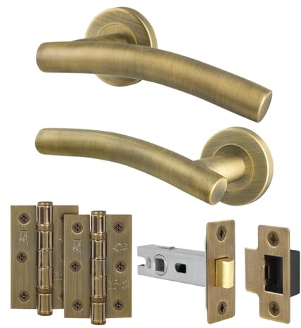 EAI Antique Brass Door Handles with Latch and Hinges - Arche | Complete Latch Kit with 1 Pair of Curved Lever on Rose Internal Door Handles, 64mm Latch, Hinges, Fixings Included