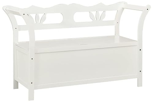 Mhdvray Sitzbank Weiß 107x45x75,5 cm aus massivem Tannenholz mit Stauraum, Truhenbank mit Rückenlehne und Armlehnen, Flurbank für Flur Wohnzimmer Balkon