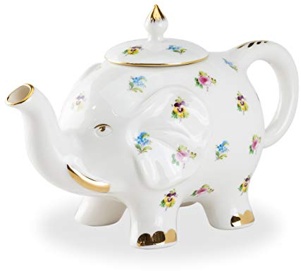 Grace Teaware Fine Porcelain Happy Elephant 28-Ounce Teapot (Floral Pansy) with Gold Trim
