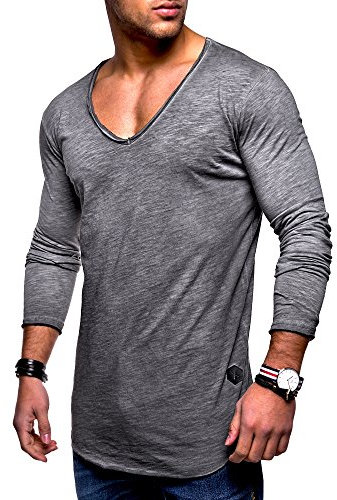 Rello & Reese Herren Oversize Longsleeve V-Neck Rundhals Sweatshirt MT-7314 [Dunkelgrau,
