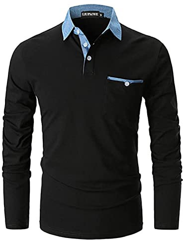 LIUPMWE Mens Casual Long Sleeve Polo Shirts with Pocket Cotton Denim Collar Golf Tops,Black-YT01,XL