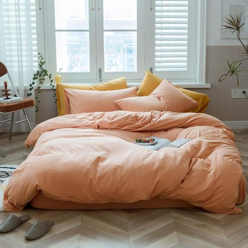 AMWAN Bettwäsche-Set für King-Size-Betten, einfarbig, Orange, 100% Jersey, gestrickte Baumwolle, einfarbig, Hotelqualität, Luxus-Bettwäsche-Set, 1 Bettbezug mit 2 Kissenbezügen, Pfirsichrosa