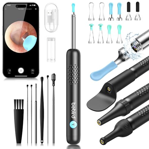 BEBIRD R1 Wax Removal Tool for Ear - Spade Ear Canal Cleaner with Camera 1080P Earscope, Wax Remove Ear Picker with Vari Replacement Tips, Camera with 6LED Light for Ear/Nose/Throat Examination, Black