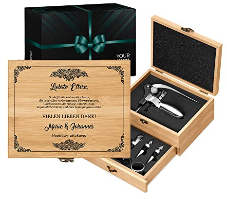 Maverton Weinöffner-Set personalisiert Weinset Sommelier Set - Geschenkbox Holzbox + 8er Weinzubehörset - aus Bambus - Braun - Geschenk Hochzeit Hochzeitstag Paar - Danksagung