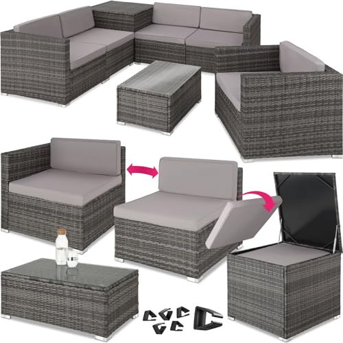 TecTake® Salon de Jardin Exterieur 5 Places en Resine Tressee Modulable 5 Fauteuil Jardin Coffre de Rangement et Table en Verre Inclus pour Amenagement Balcon Terrasse - Gris