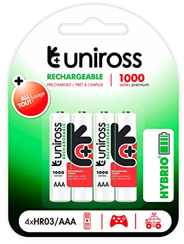 Uniross Pack de 4 Piles Rechargeables AAA/HR03 1100 NIMH HYBRIO, 1.2V