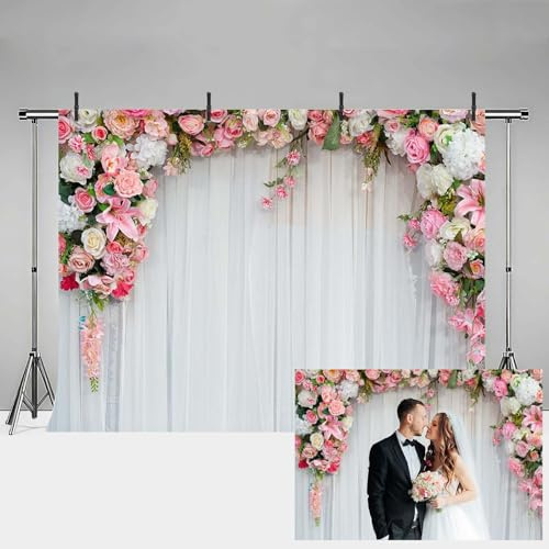 MEHOFOND 2,1 x 1,5 m Blume Rosa Rose Weißer Vorhang Hochformat Hintergrund Blumenmädchen Geburtstagsfeier Banner Baby Dusche Brautdusche Hochzeitstag Zeremonie Dekor Fotografie Requisiten