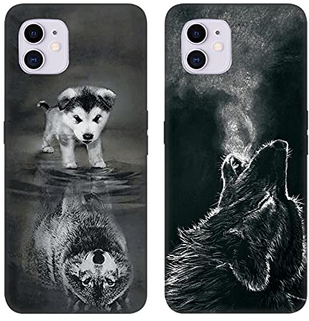 DiaryTown 2 Pack Hülle für iPhone 11 Liquid Silikon Handyhülle mit Motiv Schutzhülle Ultra Dünn TPU Bumper Rundumschutz Schwarz Case für Cover iPhone 11 - Hund & Wolf