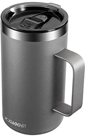 KXIAOCHEN Taza de café aislada de 20 onzas con tapa, taza de café de acero inoxidable, vaso de café al vacío de doble pared con asa, taza de café térmica de viaje (gris plateado)