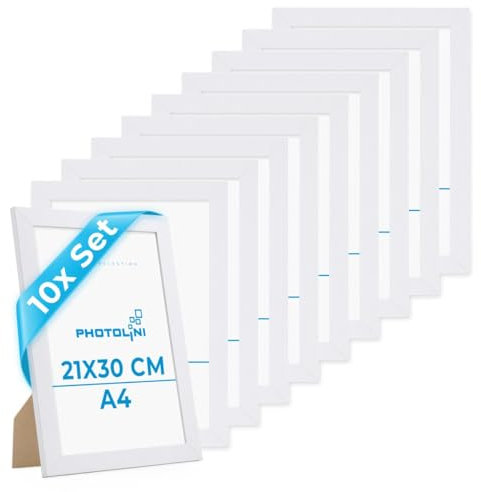 PHOTOLINI Cadre photo A4 21 x 30 cm bois MDF blanc, cadre large bord, lot de 10 cadres photo, verre acrylique incassable, décoration murale à suspendre & à poser, accessoires supplémentaires
