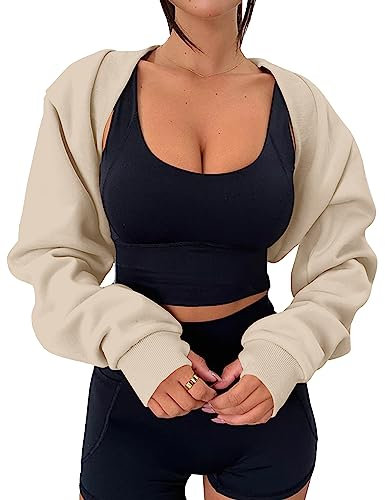 MISSACTIVER Damen-Bolero, langärmelig, mit Daumenloch, vorne offen, Fleece, lockere Passform, bauchfreier Schal, Sweatshirt, Workout, aprikose, Small