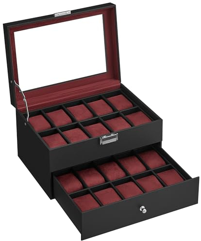 SONGMICS Uhrenbox, Uhrenkasten mit Glasdeckel, 2 Ebenen, Uhrenkoffer mit herausnehmbaren Uhrenkissen, Uhrenschatulle, Geschenkidee, PU-Bezug in Schwarz, Samtfutter in Weinrot JWB020R01