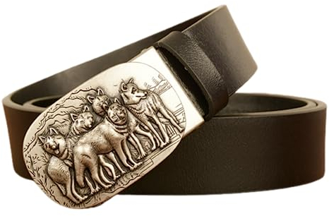 NALANY Herren Gürtel, Leder Schiebe Ratsche Automatik Gürtel Für Männer Ledergürtel Breite 3.5cm Western Cowboy Automatikschließe Mit Gravur Wilder Wolf Pack Dekorativ(120cm/waist:41, Black)