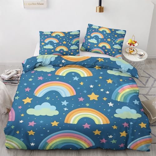 GEDAEUBA Regenbogen Kinder Bettwäsche 140x200 - Kinder Bettbezug 140x200 2er Set, Wendebettwäsche und Kissenbezug 70x90, Weiche & Angenehme Mikrofaser Bettwäsche-Sets mit Reißverschluss