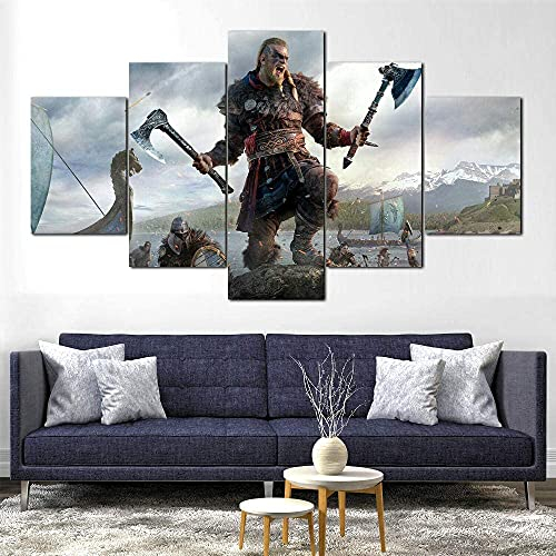 MUICIN Bild Assassin's Creed Valhalla Vikings 5 Stücke. Leinwand Kunst Leinwandbild Kunstdruck Wand Dekor Wand Wohnzimmer Wand Dekor,XL