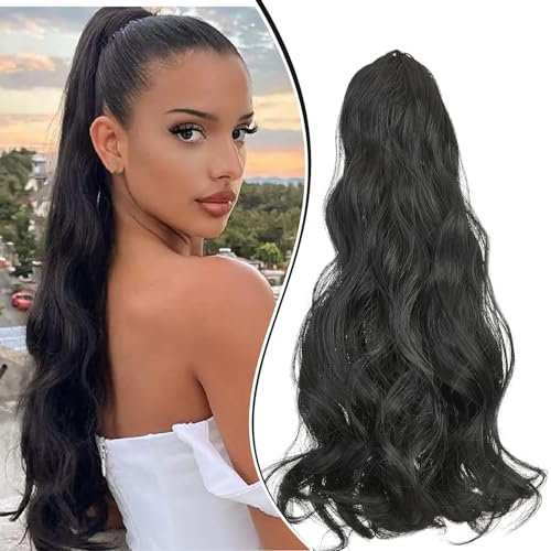 Dcbaboo Ponytail Extension Pferdeschwanz Haarteil Zopf Extension mit Klammer Gewellte Lang Haarverlängerung Zopf Clip Synthetik Wellige Lockig Pferdeschwanz Haarextension, 45cm Schwarz