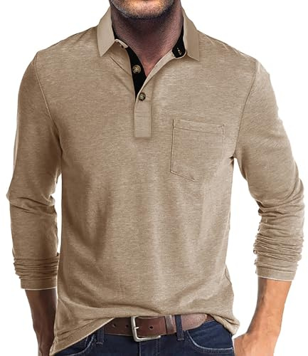 Mens Long Sleeve Polo Shirts Classic Button Down Golf Shirt Fashion Casual Moisture Wicking Shirts with Pocket