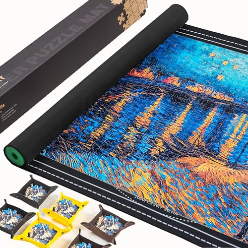 Premium Jigsaw Puzzle Mat Roll-Up Design Non-Crease Rubber Surface, Accommodates 500 to 2000 Pieces 49”x 36”Large Black Pad with Sorting Trays and Accessories Ideal outdoor Gift for Puzzle Enthusiasts