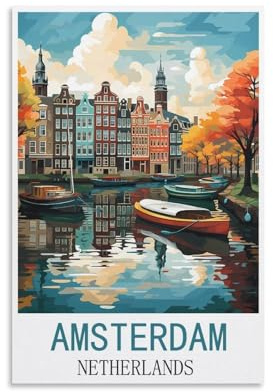 HSAYYIII Amsterdam Niederlande Vintage-Reiseposter, 20 x 30 cm, Leinwand-Kunst, Poster und Wandkunst, Bild, Druck, Schlafzimmer-Dekor