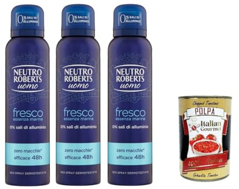 Neutro Roberts Deodorante Spray Uomo Fresco Essenza Marina, Deospray für Männer, Wirksam 48 Stunden Ohne Salze - 3x 150ml + Italian Gourmet polpa 400g