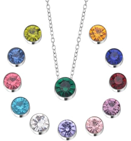 SHOP LC Kristall Solitär Kette für Frauen, Solitär Anhänger an Versilberter Kette mit 12 Austauschbare Anhänger, Hypoallergen, wasserdicht - Geschenk für Frauen